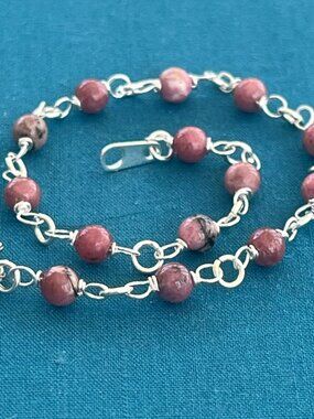 Rhodonite Gemstone Bracelet | Pink Stone Chain Bracelet | Minimalist Jewelry